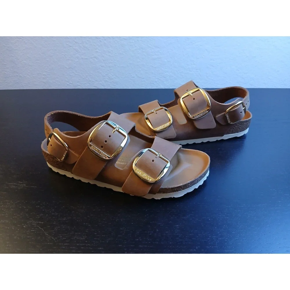 Birkenstock Milano Big Buckle Sandals Cognac Oiled Leather EU 36 US 5 Gold